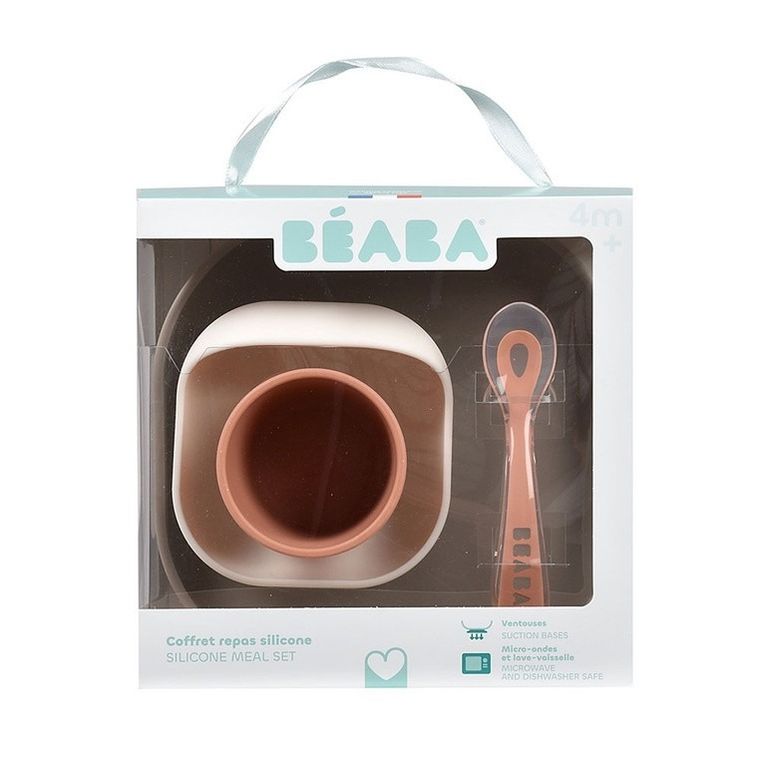 Beaba, komplet naczyń z silikonu z przyssawką, terracotta