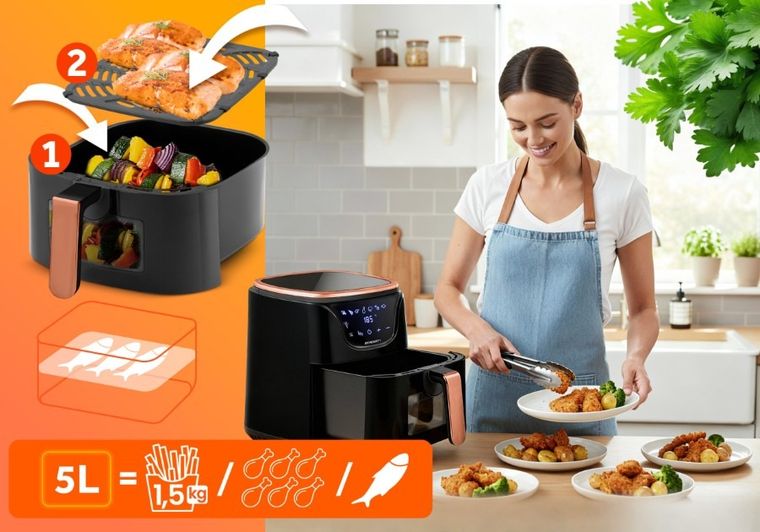 Berdsen, frytkownica beztłuszczowa, air fryer, czarno-złota, 5l, BD-652