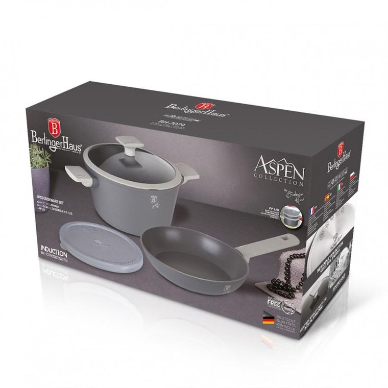Berlinger Haus, Aspen, zestaw: garnek z pokrywą + patelnia tytanowa, 4 elementy