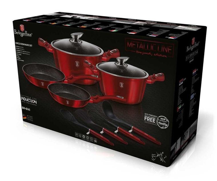 Berlinger Haus, Burgundy, zestaw: garnki granitowe z pokrywą + patelnie + akcesoria, 10 elementów