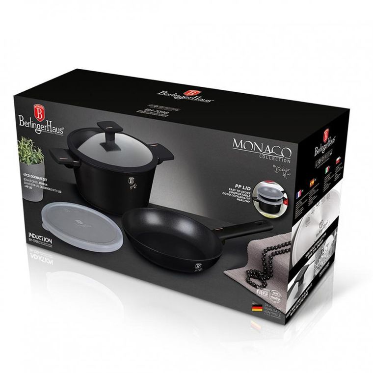 Berlinger Haus, Monaco, zestaw: garnek z pokrywą + patelnia tytanowa, 4 elementy