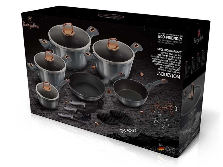 Berlinger Haus, Moonlight, zestaw: garnki granitowe z pokrywą + patelnie + akcesoria, 15 elementów