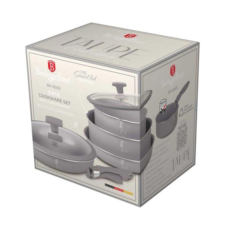 Berlinger Haus, Taupe, zestaw: garnki tytanowe z pokrywą + patelnie, 9 elementów