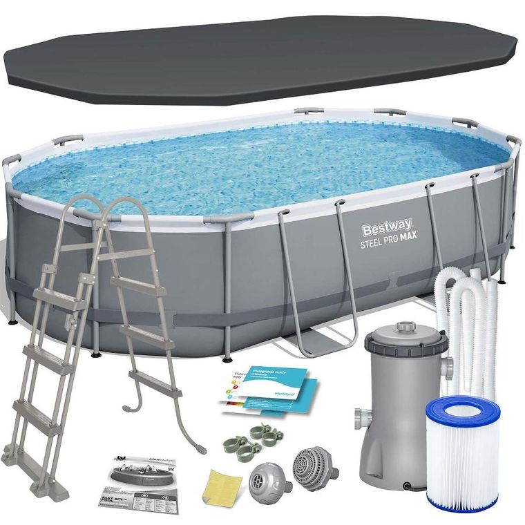 Bestway, basen stelażowy z pompą filtrującą i akcesoriami, owalny, 488-305-107 cm, zestaw 12w1