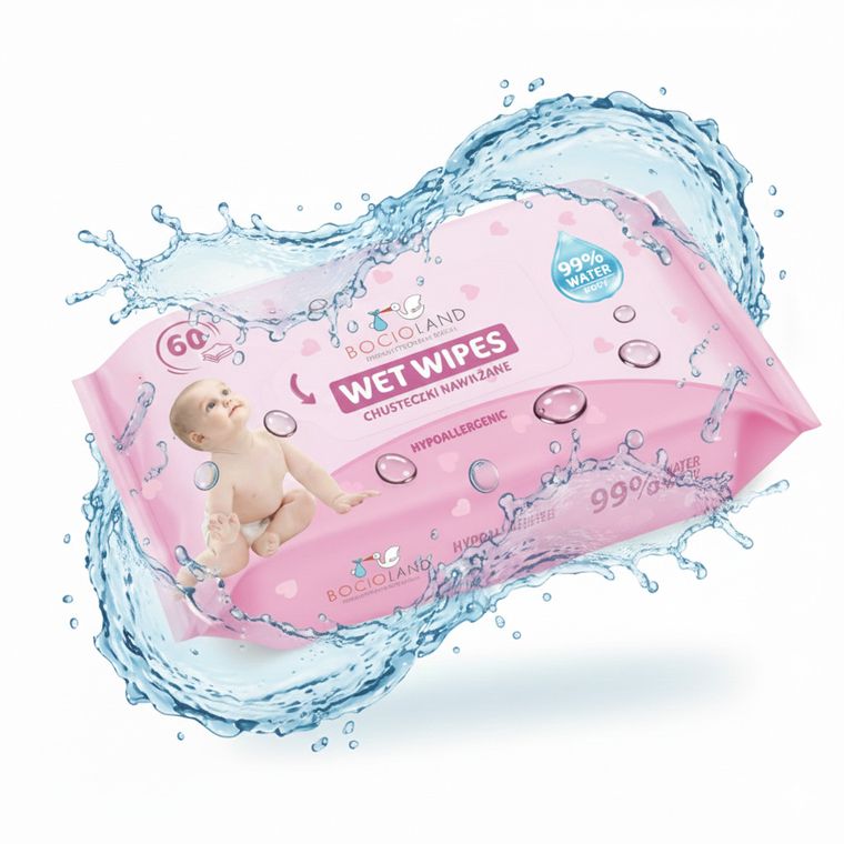 Bocioland, chusteczki nawilżane, 99% wody, 60 szt.