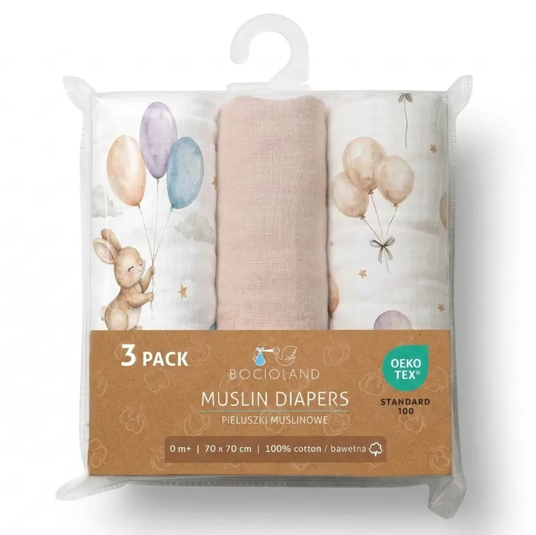Bocioland, pieluszki muślinowe, marszczone, beżowe, 70-70 cm, 3 szt.