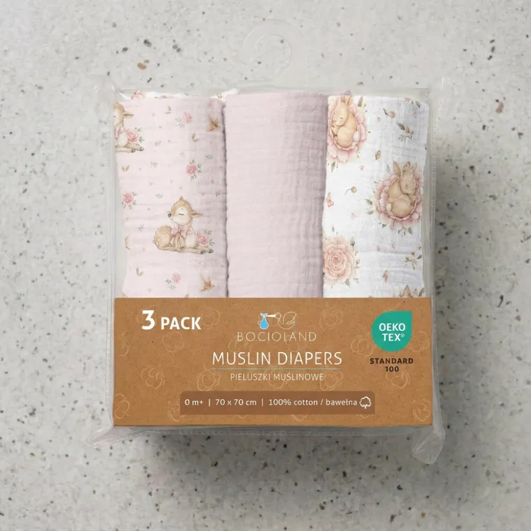 Bocioland, pieluszki muślinowe, marszczone, różowe, 70-70 cm, 3 szt.