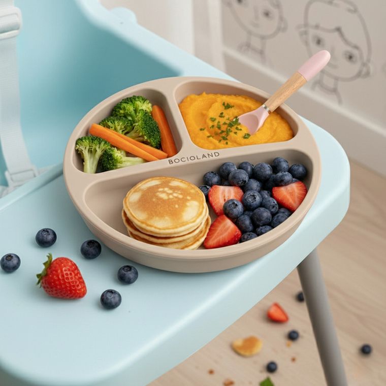 Bocioland, silikonowy talerzyk z przyssawkami i przegródkami, beżowy