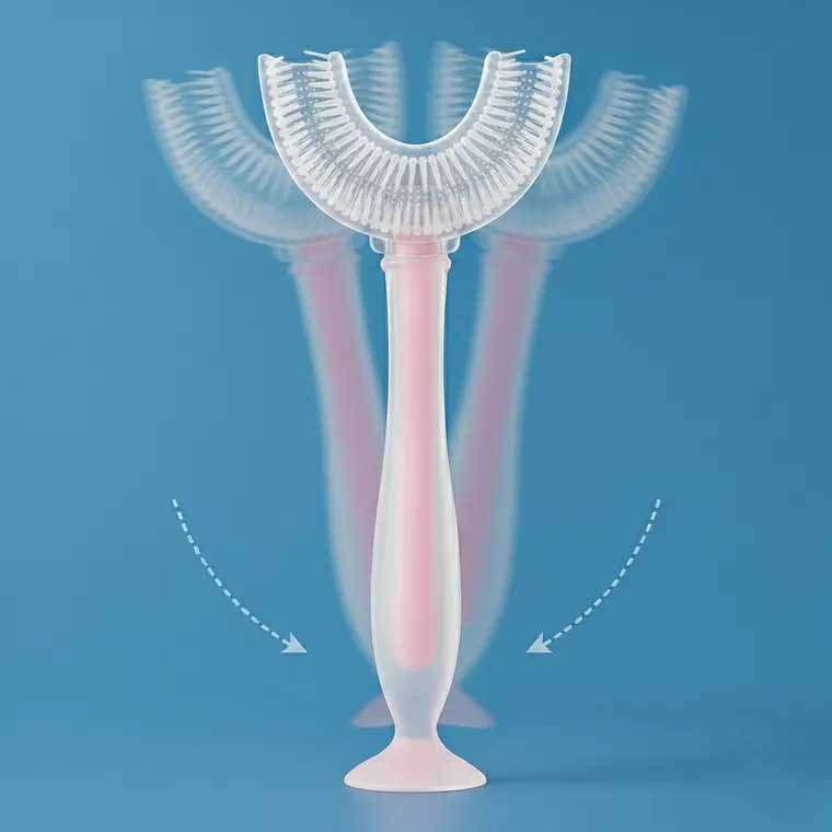 Bocioland, szczoteczka silikonowa w kształcie litery U do zębów, różowa