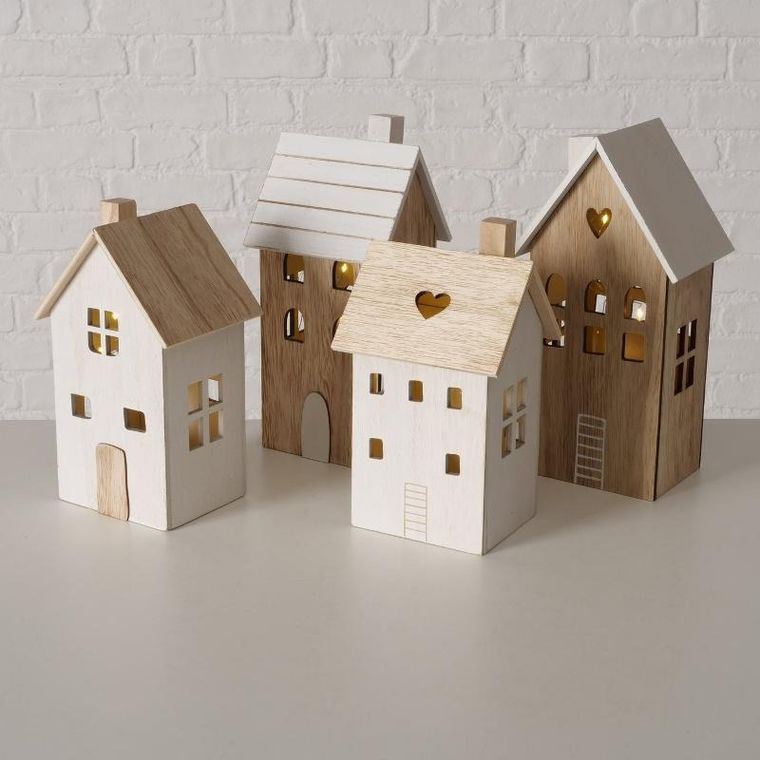 Boltze Home, drewniana dekoracja z oświetleniem, 2 domy, Aldea