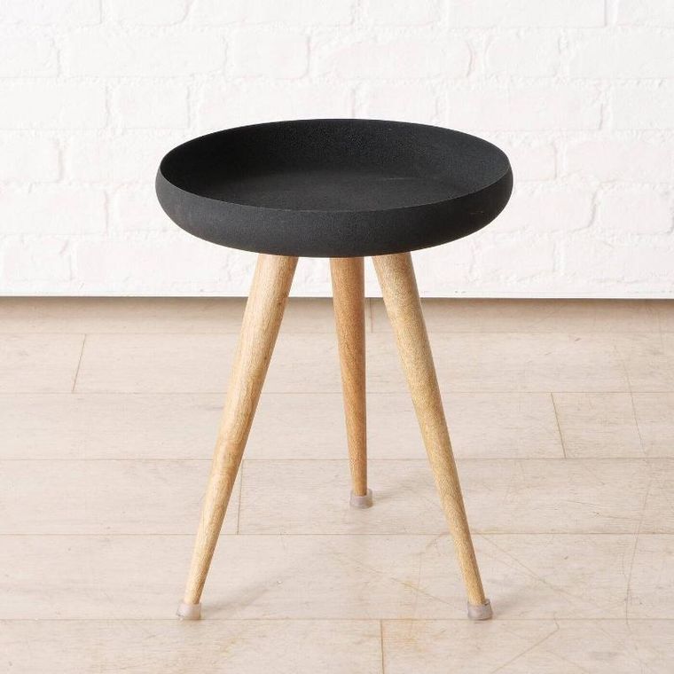 Boltze Home, stoliki kawowe loftowe z czarnym blatem i nogami z drewna mango, Masdour, 3 szt.