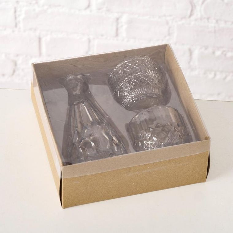 Boltze Home, zestaw szklanych dekoracji, Cherin, świeczniki i wazon