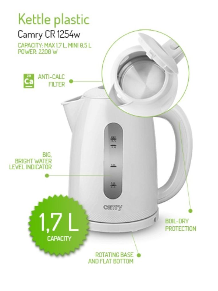 Camry, czajnik plastikowy, 1.7 l