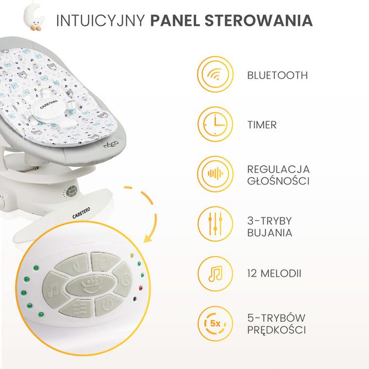 Caretero, Noco, elektryczny leżaczek i bujaczek 2w1, grey