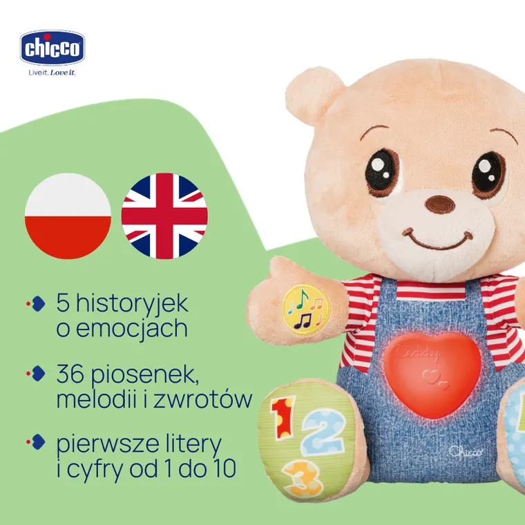 Chicco, Bilingual ABC, Teddy, Miś okazujący uczucia, zabawka edukacyjna, dwujęzyczna, 25 cm