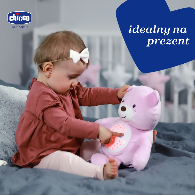 Chicco, First Dreams, Miś z Projektorem, maskotka, uspokajacz z dźwiękami, muzyka klasyczna, różowy