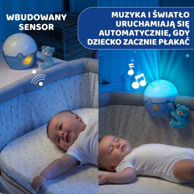 Chicco, First Dreams, Next2stars, projektor na łóżeczko z muzyką klasyczną, uspokajacz, czujnik płaczu, niebieski