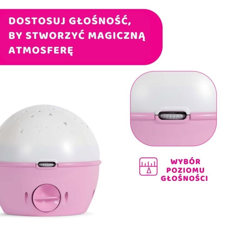 Chicco, First Dreams, Next2stars, projektor na łóżeczko z muzyką klasyczną, uspokajacz, czujnik płaczu, różowy