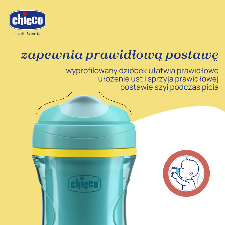 Chicco, kubek treningowy, niekapek, termiczny z twardym ustnikiem, turkusowy, 14m+, 266 ml