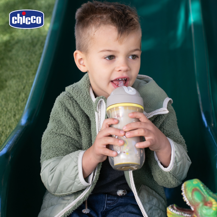 Chicco, kubek treningowy, niekapek, termiczny ze słomką, szary, 14m+, 266 ml