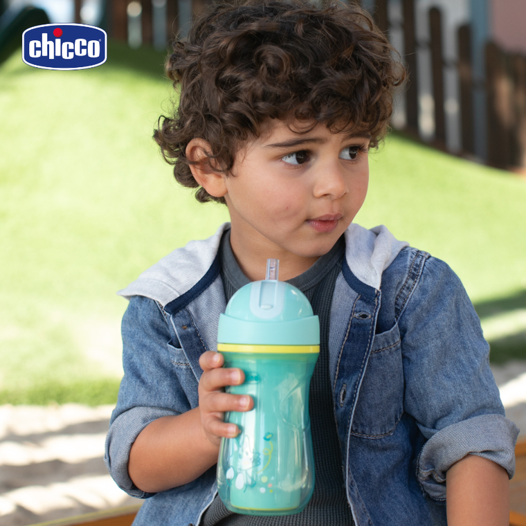 Chicco, kubek treningowy, niekapek, termiczny ze słomką, turkusowy, 14m+, 266 ml