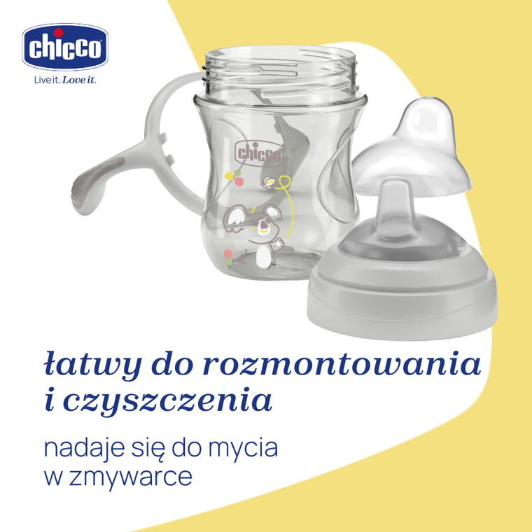 Chicco, kubek treningowy, niekapek z miękkim ustnikiem, szary, 4m+, 200 ml