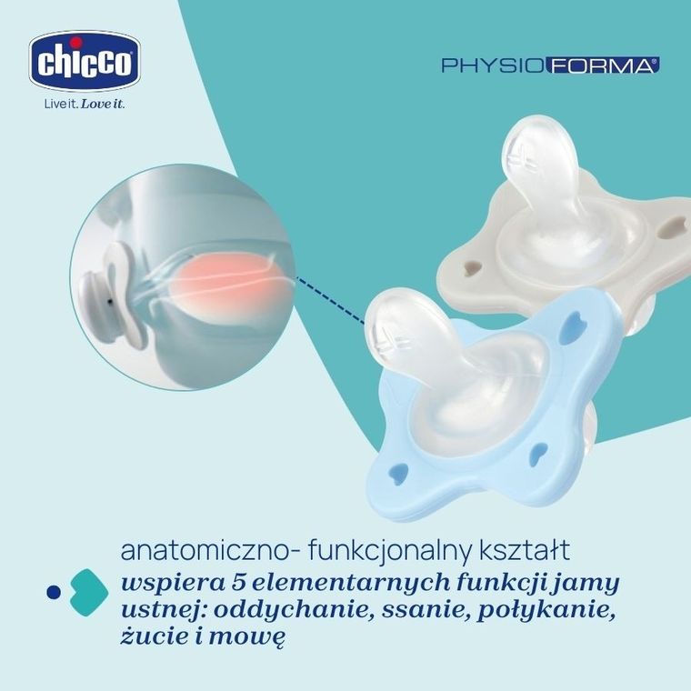 Chicco, PhysioForma Dual Soft, smoczek uspokajający, silikonowy, niebieski, 2-6m, 2 szt.