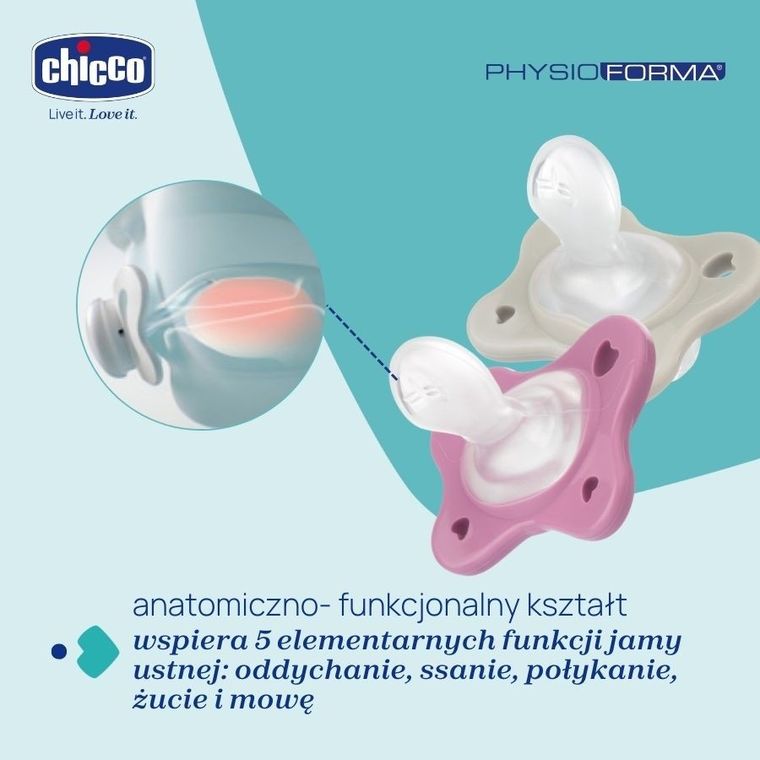 Chicco, PhysioForma Dual Soft, smoczek uspokajający, silikonowy, różowy, 6-16m, 2 szt.