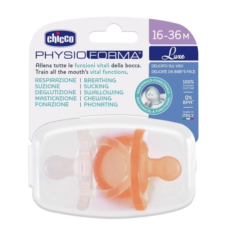 Chicco, Physioforma, Soft Luxe, smoczek uspokajający, pomarańczowy, 16-36 m, 2 szt.