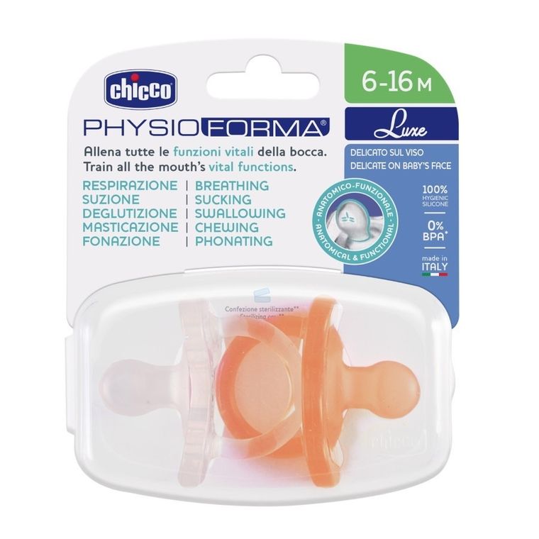 Chicco, Physioforma, Soft Luxe, smoczek uspokajający, pomarańczowy, 6-16 m, 2 szt.
