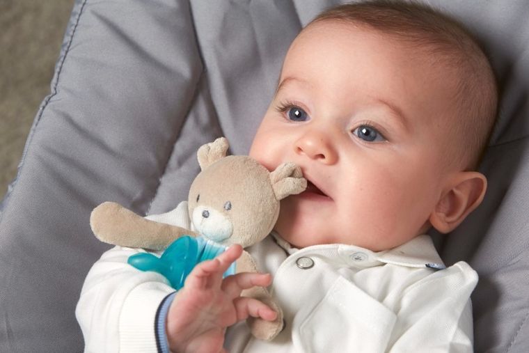 Chicco, przytulanka do smoczka, niebieska, 0m+