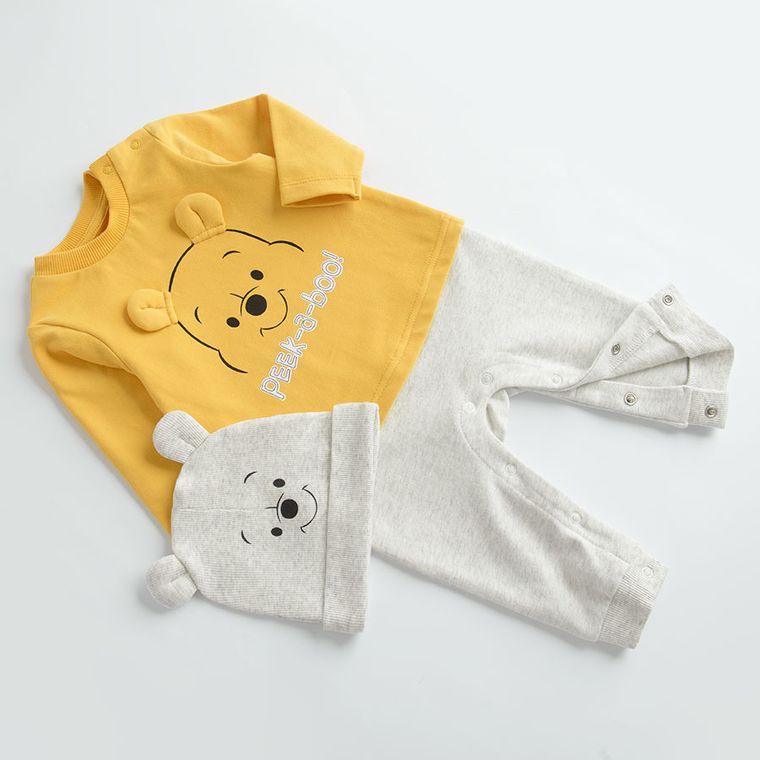 Cool Club, Komplet chłopięcy, Pajac, Czapka, szaro-żółty, Kubuś Puchatek