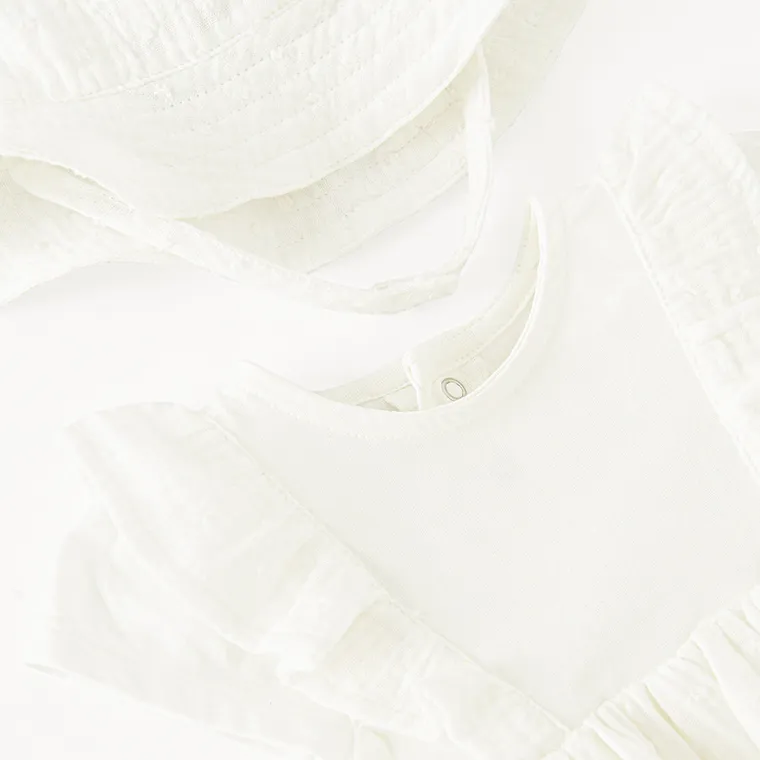 Cool Club, Komplet dziewczęcy, Body sukienka z krótkim rękawem, Kapelusz, muślin, biały