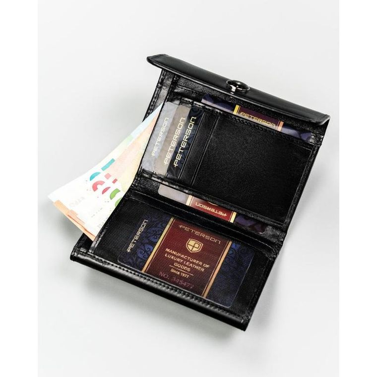 Czarny, skórzany portfel damski na zatrzask - Peterson