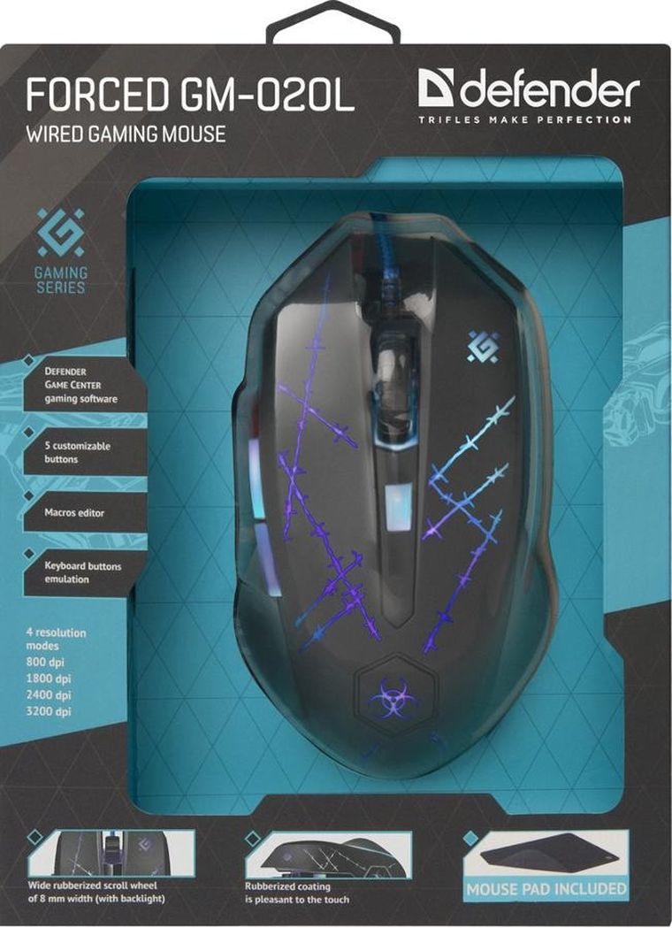 Defender, Forced, mysz przewodowa, Gm-020l 800/1800/2400/3200 Dpi, 6p + podkładka + gra, 52020