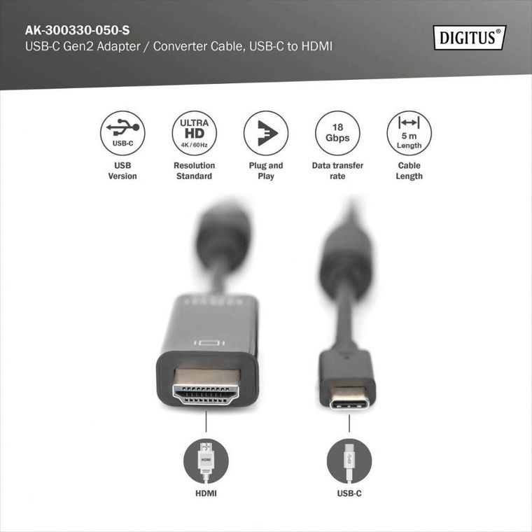 Digitus, kabel, USB C/HDMI M/M 3.1 4K60HZ, 5m, czarny
