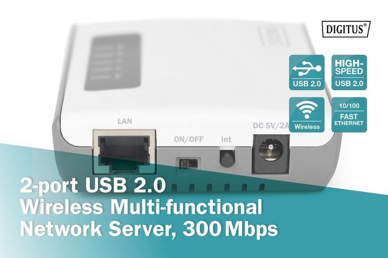 Digitus, serwer sieciowy, wielofunkcyjny, bezprzewodowy, 2-portowy, USB 2.0, 300MBPS, DN-13024