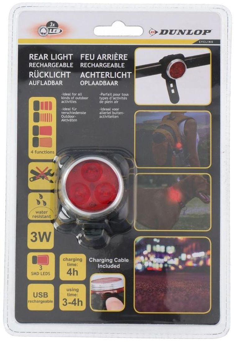 Dunlop, tylne światło rowerowe, 3 LED, USB