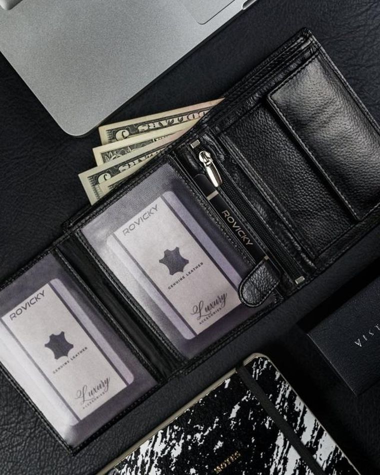 Duży skórzany czarny portfel męski, Ronaldo