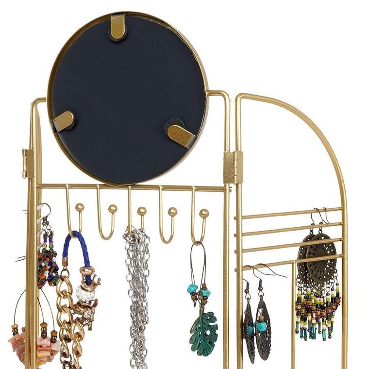Eleganza, wieszak na biżuterię z lusterkiem, metalowy, składany, złoty