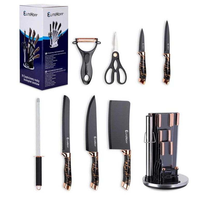 Elitehoff, zestaw noży kuchennych w stojaku z ostrzałką i nożycami, 9 elementów