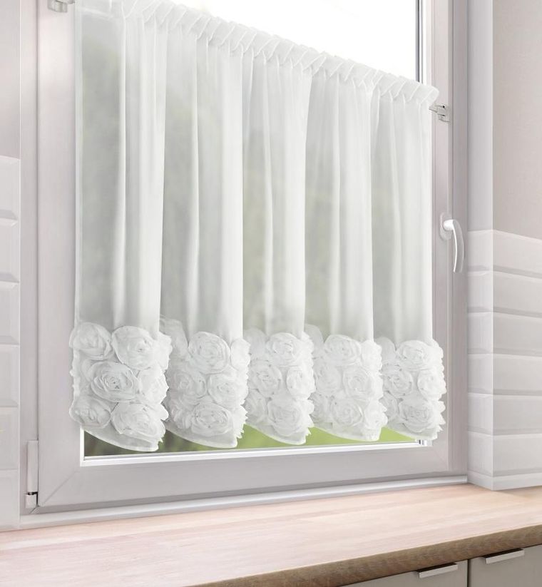 Eurofirany, zasłona gotowa, Roses, na taśmie, 150-90 cm, biały