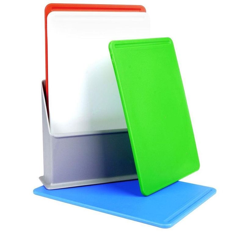 Excellent Houseware, deski do krojenia w stojaku, kolorowe plastikowe, 4 szt.