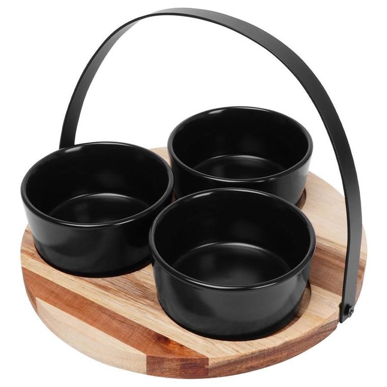 Excellent Houseware, miseczki ceramiczne do dipów, na przekąski, na tacy drewnianej, czarne, 4 elementy