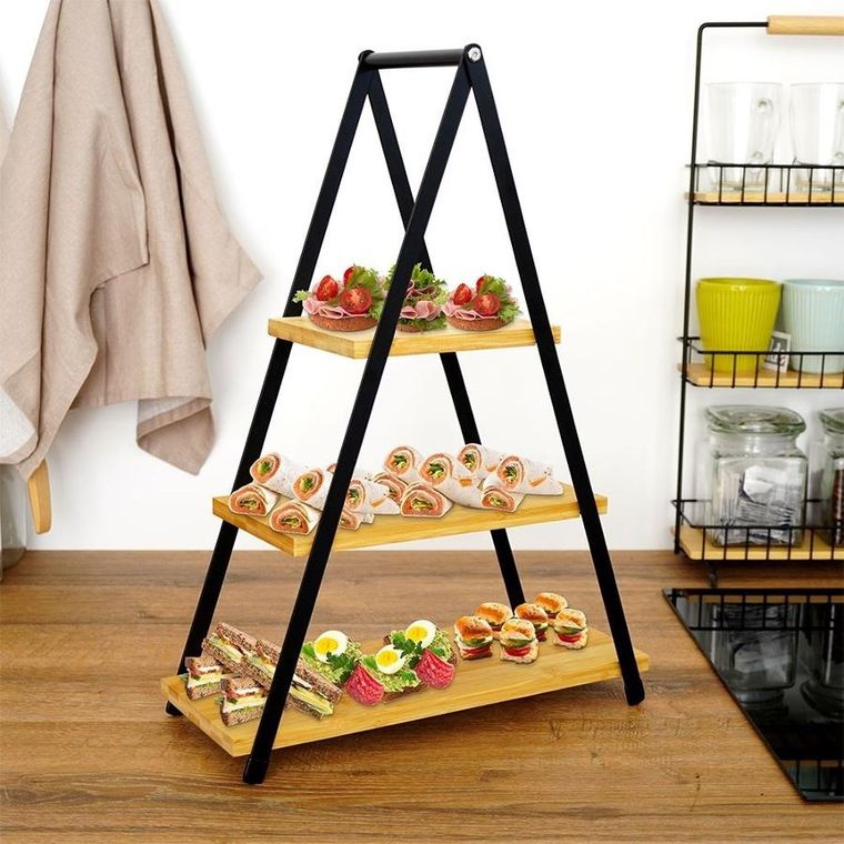 Excellent Houseware, patera 3-poziomowa, drewniana, metalowa, 38-16.5-53 cm