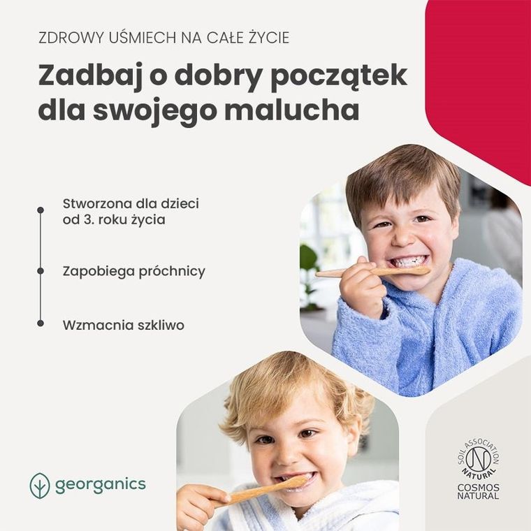 Georganics, GeoKIDS, naturalna pasta do zębów dla dzieci z hydroksyapatytem, na mocne szkliwo, strawberry, 75 ml