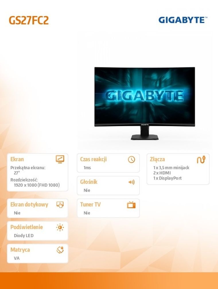 Gigabyte, monitor, 27", GS27FC2, GAMING, FHD, 240Hz, DP HDMI, CURVED