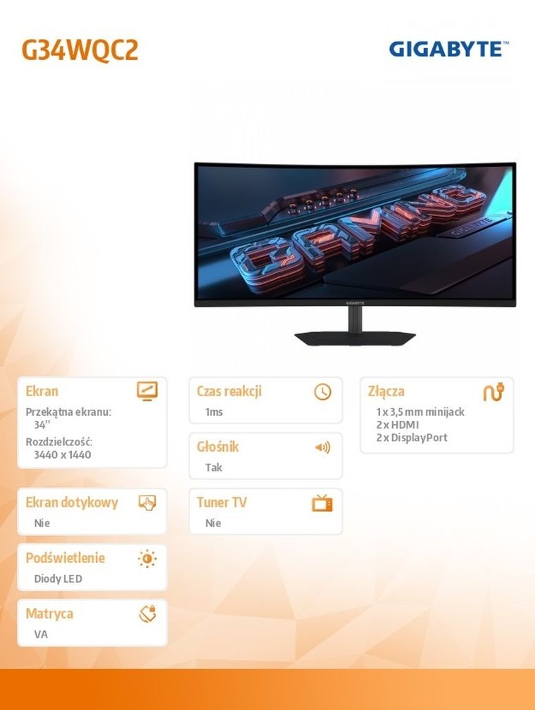 Gigabyte, monitor, 34", G34WQC2, WQHD, 200Hz, 2DP, 2HDMI