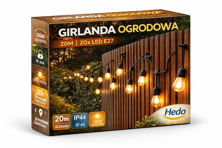 Girlanda ogrodowa świetlna, 20m, 20 żarówek LED, sieciowa, wodoszczelna