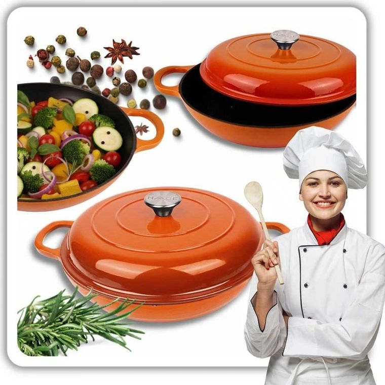 Hage, emaliowany garnek żeliwny, płaski, pomarańczowy, 30 cm, 3l